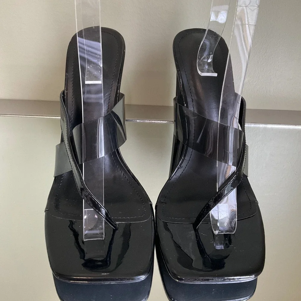 Forever 21 Black Patent Clear Strap Square Toe Thong Heel Mule Sandals Sz 10 Y2K